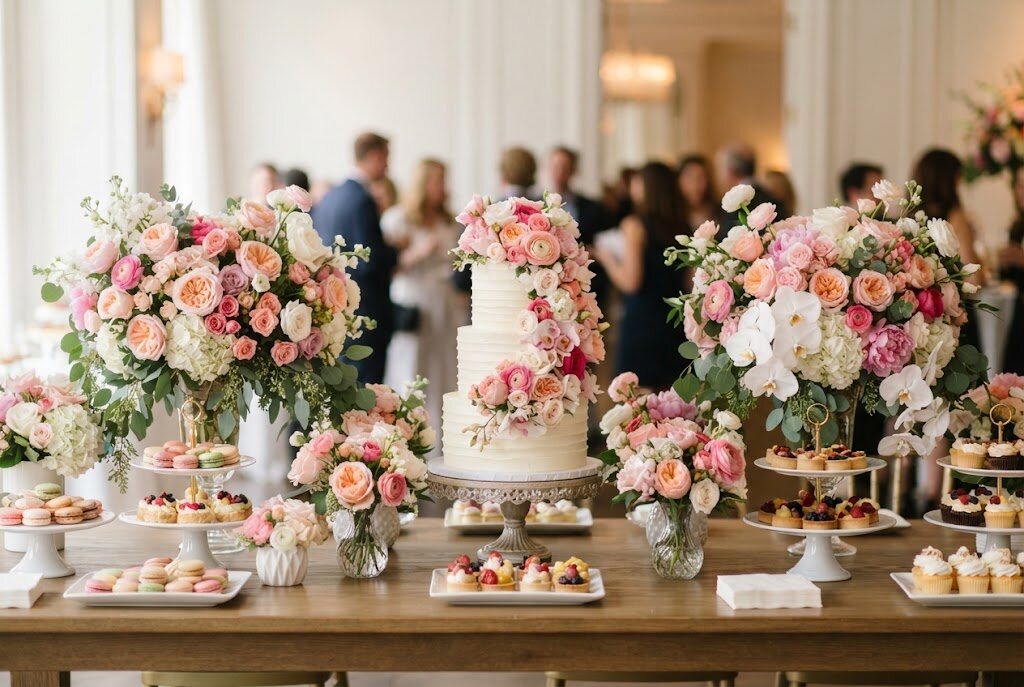 Colourful birthday table flowers in pink and peach