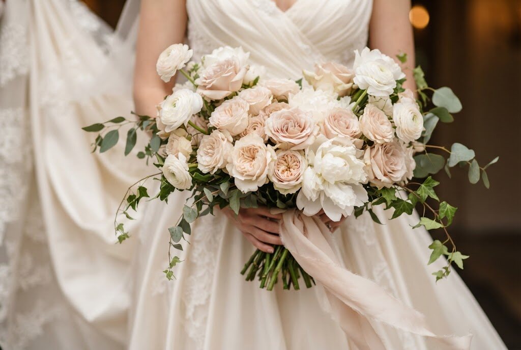 Hand-tied bouquet of blush garden roses