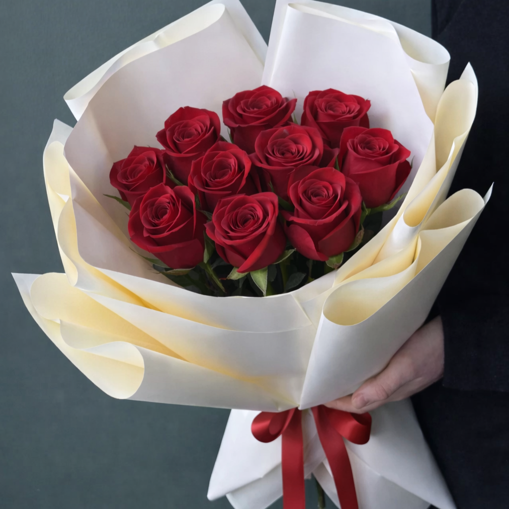 Classic 10, Dozen (12) or 15 Red Roses Bouquet