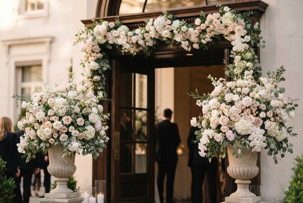 White and blush floral arrangements at an entrance