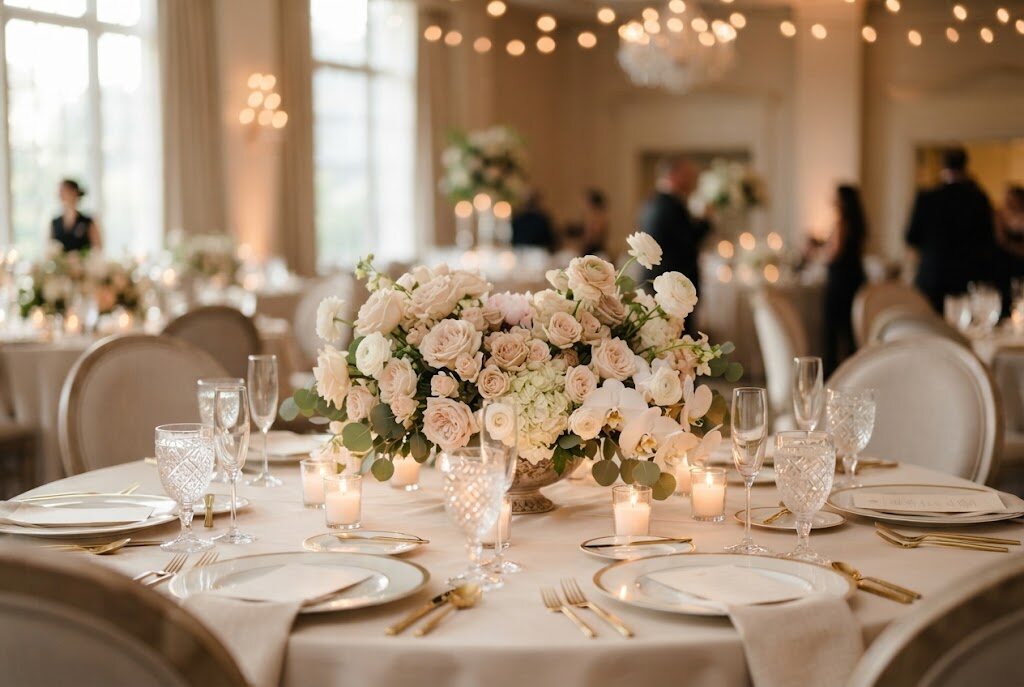 Fresh roses and hydrangeas arranged in a low centerpiece